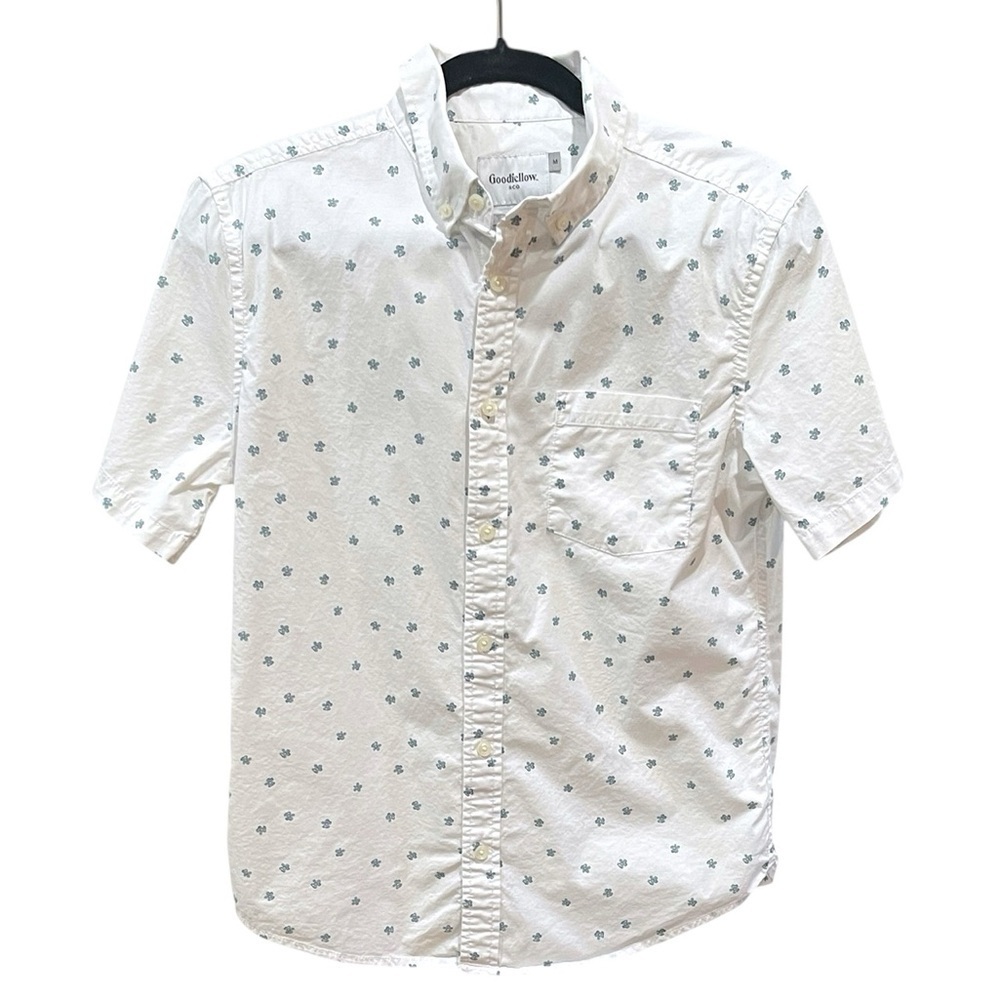 Goodfellow & Co Boy’s Button Up Short Sleeve Shirt SZ L Slim Fit White Blue